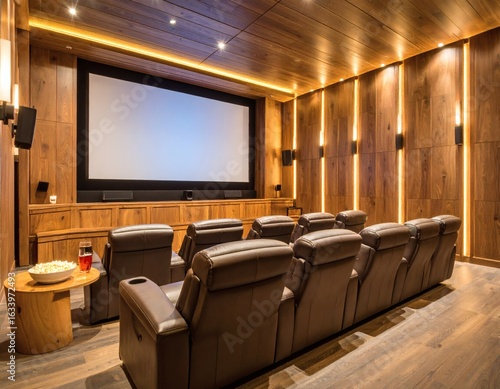 A cozy mini theater with tiered recliner seats and wooden paneling on the walls