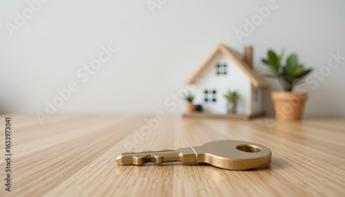 Wallpaper Mural Golden key on wooden table with blurred miniature house and potted plants in background, symbolizing home ownership and new beginnings Torontodigital.ca