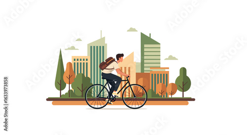 Vector illustration of a young man commuting by bicycle in a modern city. Eco-friendly urban transport and healthy lifestyle concept.