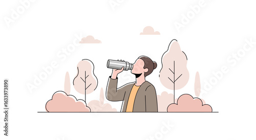 Flat line illustration of a person staying hydrated by drinking from a reusable water bottle in a park, embodying a healthy lifestyle concept.