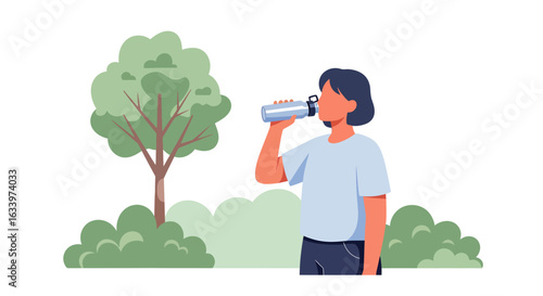 A person drinking water from a reusable bottle while standing in a park. Healthy lifestyle and hydration concept vector illustration.