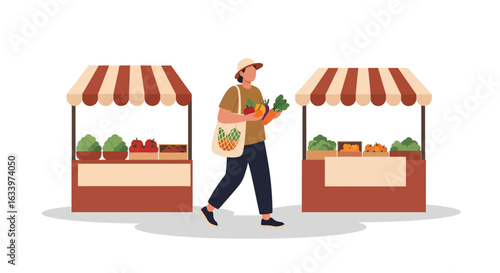 A person carrying a tote bag filled with fresh vegetables, shopping for organic produce at a local farmers market.