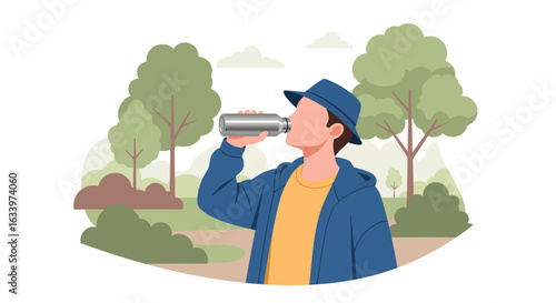 A young man stays hydrated by drinking water from a reusable bottle while walking in a park illustration.