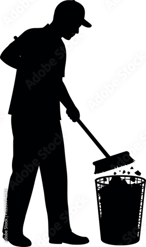 Janitor silhouette sweeping trash into bin