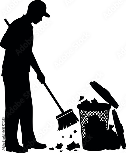 Silhouette of cleaner sweeping debris into trash bin