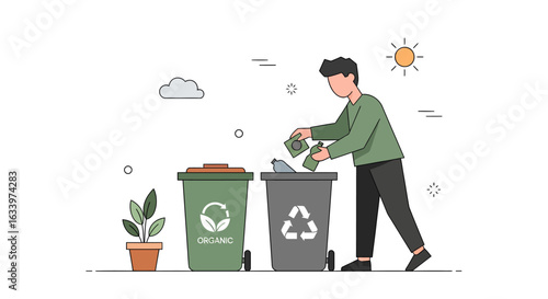 Illustration of a man sorting waste into recycling and organic bins. Concept of an eco-friendly lifestyle, sustainability, and responsible garbage disposal.