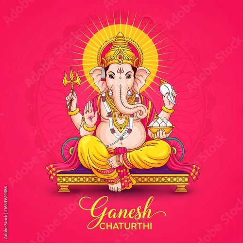 Illustration of lord ganesha seated on a throne against a pink background with radiating sun rays
