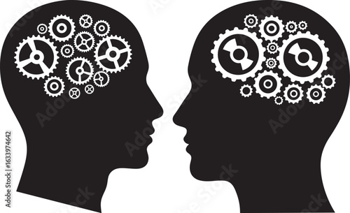 Two heads facing each other with gears inside representing thought process silhouette