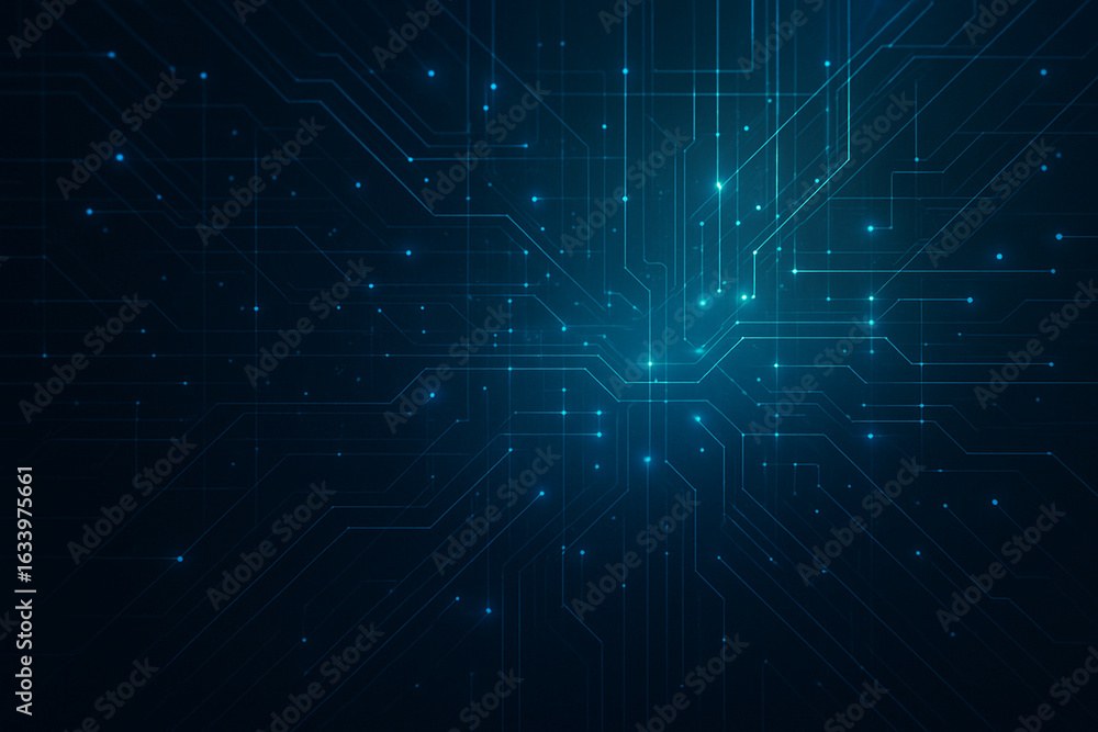 Fototapeta premium Abstract digital circuitry glowing with vibrant teal nodes and pathways, forming a complex network pattern on a dark background.
