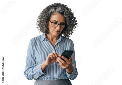 Mature woman with glasses using smartphone mobile phone technology business communication isolated on transparent background