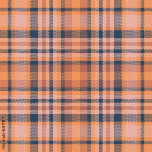 Warm toned plaid. Classic tartan pattern featuring intersecting lines squares in orange blue hues. Ideal for backgrounds, textiles, fashion projects.