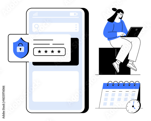 Mobile interface with password entry and security shield, woman using laptop, calendar, and clock. Ideal for cybersecurity, productivity, time management, scheduling, privacy data protection simple