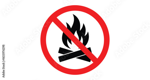 Prohibition sign with campfire icon crossed by red circle and diagonal line, symbolizing no open fire zone for safety and environmental protection