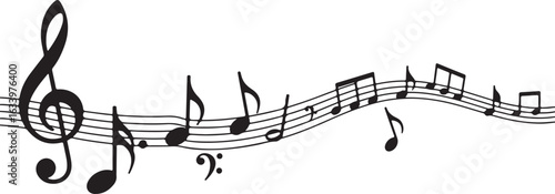 Black musical notes and clefs on a white background treble clef bass clef