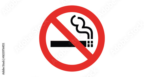 Prohibition sign with cigarette icon crossed by red circle and diagonal line, symbolizing no smoking zone and public health awareness