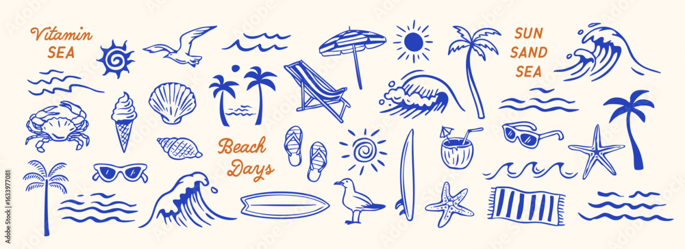 Fototapeta premium Hand-drawn beach-themed vector set with summer doodles like waves, palm trees, shells, crabs, sunglasses, and surfboards. Perfect for vacation designs, t-shirt prints, and tropical projects.