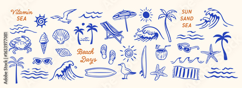 Hand-drawn beach-themed vector set with summer doodles like waves, palm trees, shells, crabs, sunglasses, and surfboards. Perfect for vacation designs, t-shirt prints, and tropical projects.