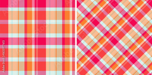 Vibrant, summery plaid patterns in coral, orange, and white.  Perfect for textile design, fashion, or website backgrounds.