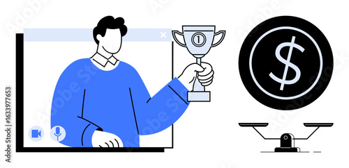 Person holding trophy on video call screen, dollar coin symbol, and balance scale. Ideal for success, finance, equality, teamwork, career growth digital communication motivation. Simple flat