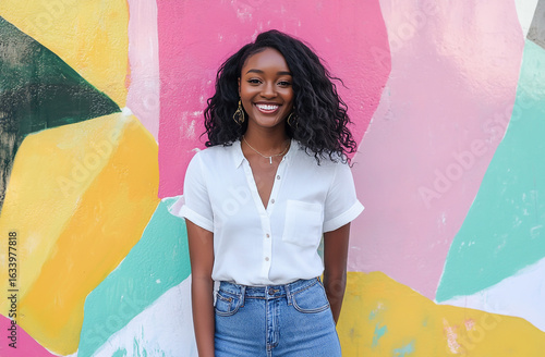 Smiling Black woman with curly hair in front of a vibrant mural African American