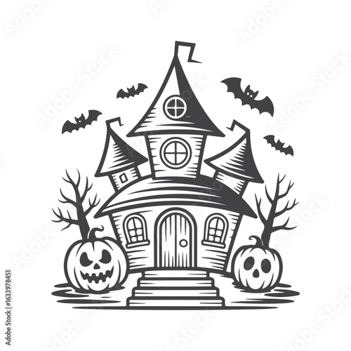 Spooky haunted house with bats and pumpkins halloween