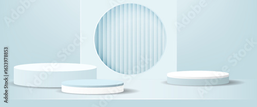 Minimal 3D podium background with soft blue tones, circular shapes, and smooth gradients, ideal for product display, branding, or cosmetic advertising.