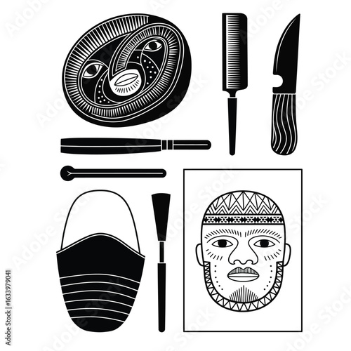 Black and white vector bundle of Inuit soapstone carving kit including carving stone, knife, fine file, dust mask, shaping mallet, and design sketch