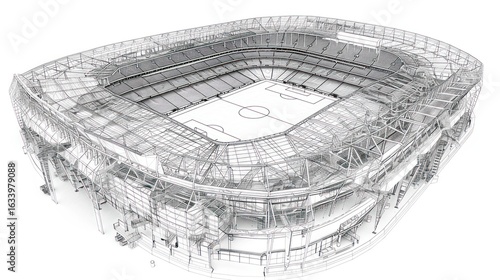 Architectural blueprint of a stadium.  Detailed, wireframe rendering of a large sports stadium's structural framework, seen from above.  