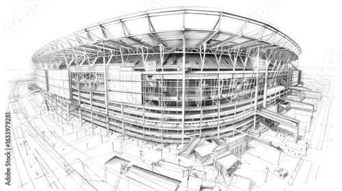 Architectural blueprint of a stadium, viewed from above.  Detailed structure, showing support beams and levels.  Perspective gives a 3D feel