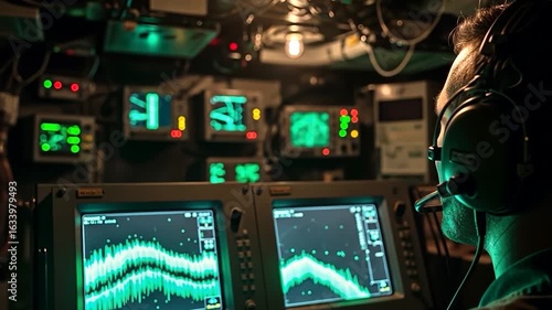 Focused operator in a dark control room monitoring complex data on glowing green screens.