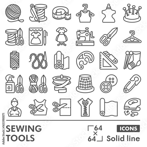 Sewing and knitting tools symbols collection or sketches, sewing theme in line style signs for web and app. Vector graphics isolated on white background.