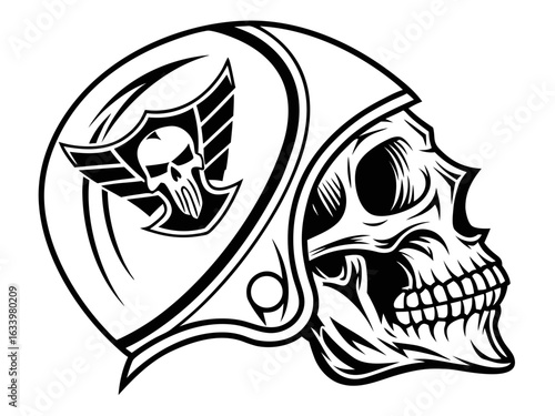 Detailed black and white skull graphic design with tribal-inspired embellishments.