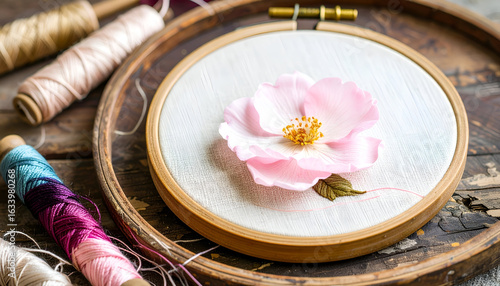 Delicate Flower Embroidery Thread in Circular Hoop on Wooden Table
