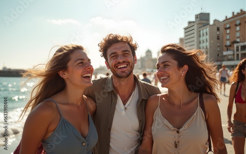 Diverse friends cheering together at city boardwalk on life style concept - Happy men and women having fun walking around Barceloneta streets - University students on travel vacation  - Bright filter