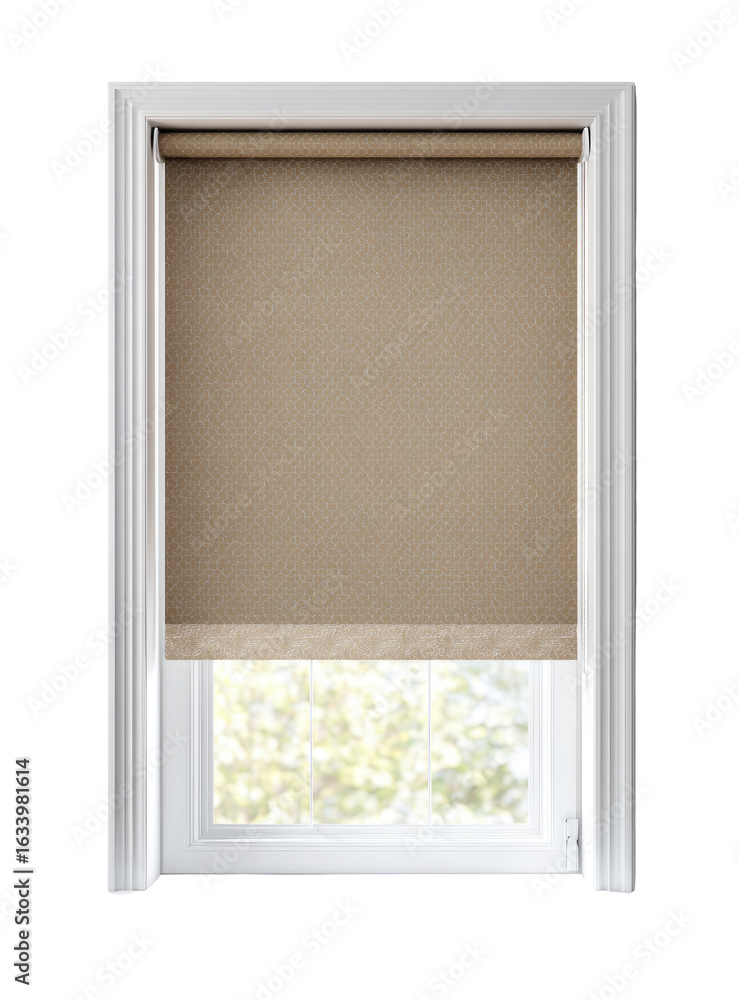 Fototapeta premium Beige roller blind in a white window frame
