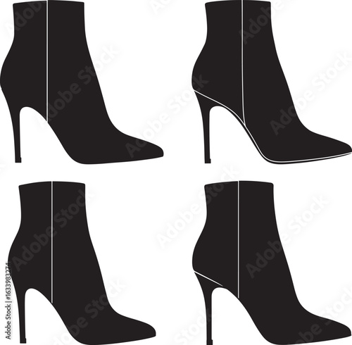 Four black high heel ankle boot silhouettes facing different directions