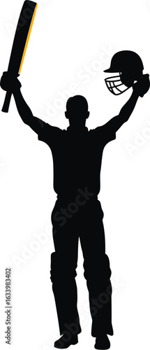 Cricket player celebrating a century with a bat and helmet isolated on a white background