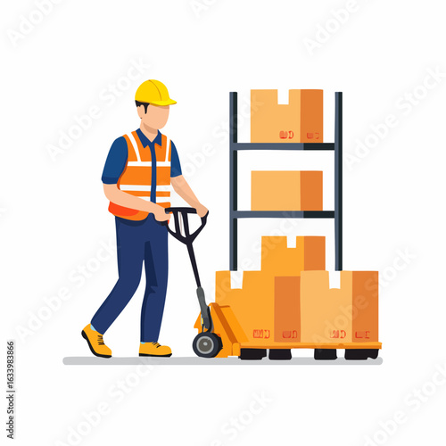 Vector illustration of a warehouse worker transporting boxes using a pallet jack, with shelving units in the background. Ideal for logistics, warehouse, and shipping content.