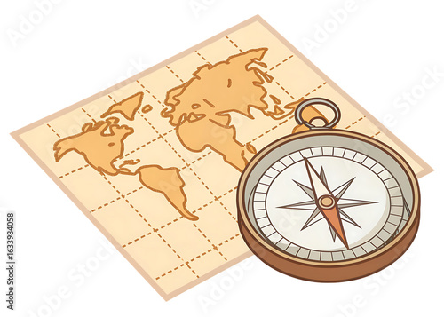 Vintage compass and world map illustration isolated on a transparent background navigation travel