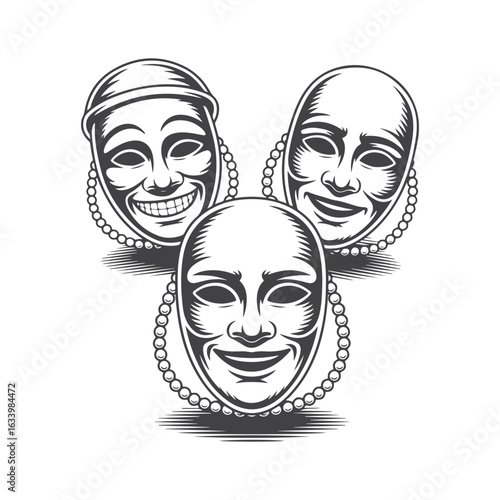 Three theatrical masks with pearl necklaces comedy tragedy