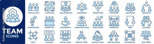 Team icon set. Containing collaboration, teamwork, team building, leadership, unity, coworker, project team, support team icon. Modern blue vector illustration.