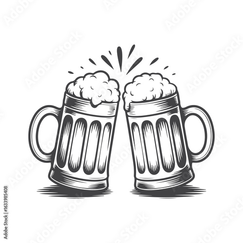 Two frothy beer mugs clinking together toast celebration