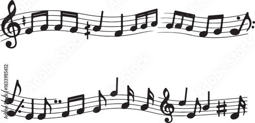 Musical Notes and Staff Lines Black and White Illustration Keywords: music, note, musical, staff, clef, treble, bass, melody, song, tune, score, composition, sound, audio, rhythm, harmony