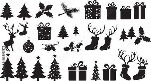 Christmas Silhouette Icons Collection With Trees Gifts Reindeer Holly and Ornaments Keywords: christmas, holiday, season, winter, celebration, xmas, festive, december, new year, greeting, card