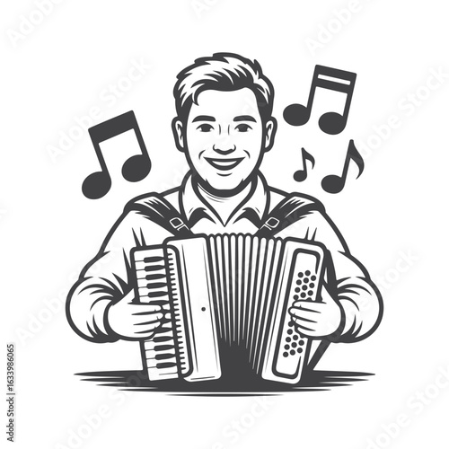 Smiling man playing accordion with musical notes musical instrument