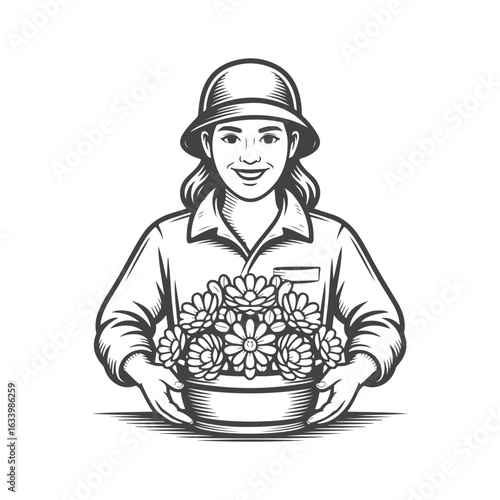 Smiling woman wearing hat holding bowl of flowers gardening