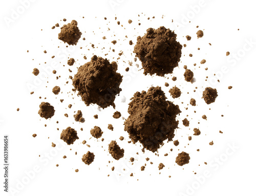 Clumps of brown soil scattered in mid-air on transparent background.