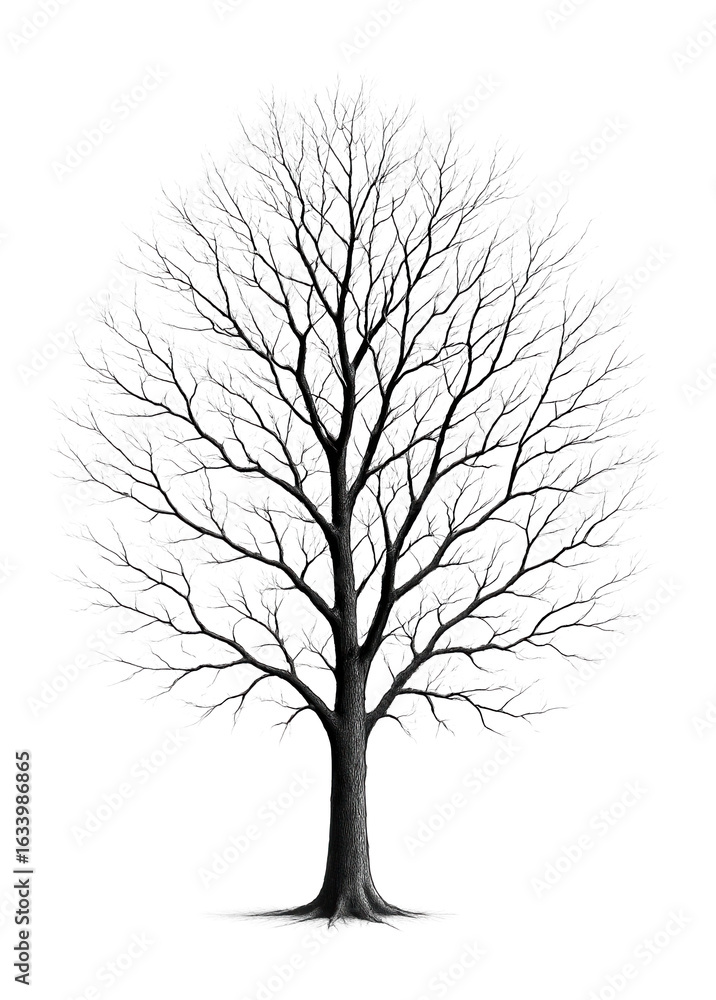 Obraz premium Intricate black silhouette of a leafless tree with detailed branches on transparent background.