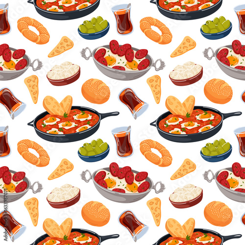 Seamless pattern with traditional Turkish breakfast, tea, eggs, sausage, bread, olives, cheese and pastry. Perfect for food packaging, menu design and culinary project.