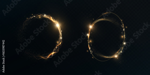 Glowing round elements with glossy highlights and transparent golden glow on a dark background. Abstract circular light effect suitable for interfaces, portals, energy and digital themes.